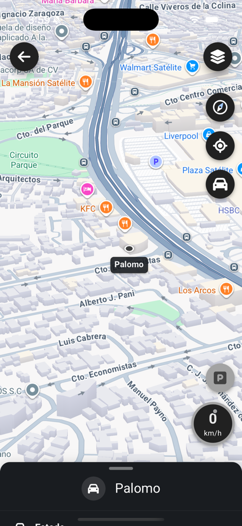 Rastreo de vehículos en tiempo real en una interfaz de mapa 3D que muestra el coche llamado Palomo en una ciudad.