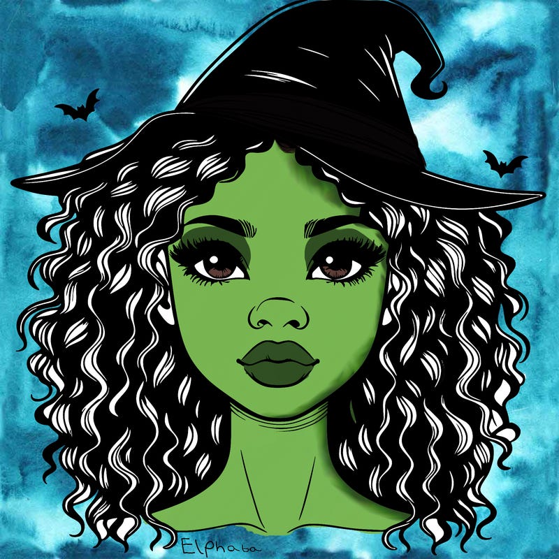 realistic black girl with wavy hair and witch hat and nose and lips