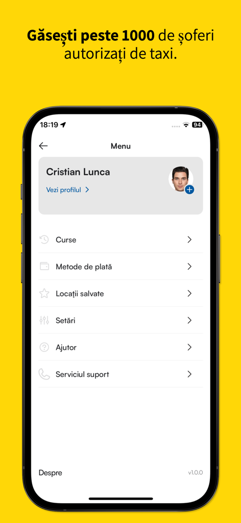 Meridian - Meridian taxi app menu displaying user profile and ride history options