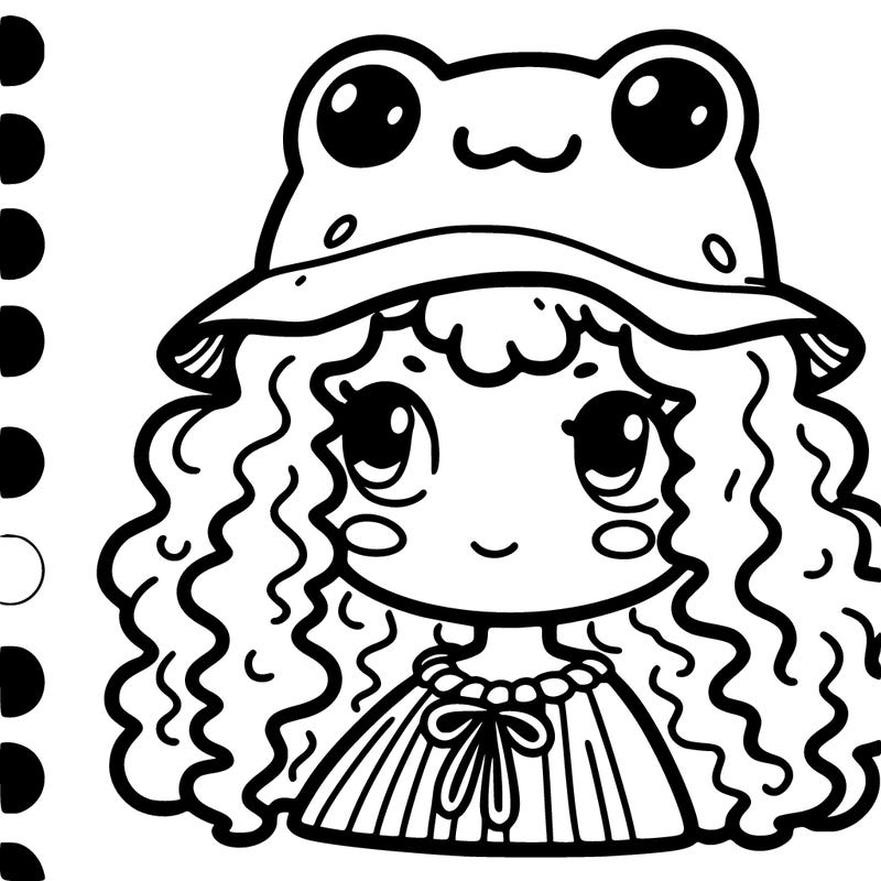 girl with curly hair wearing frog hat.
cute and simple