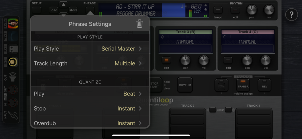Phrase settings menu in Quantiloop Pro showing play style and quantization options