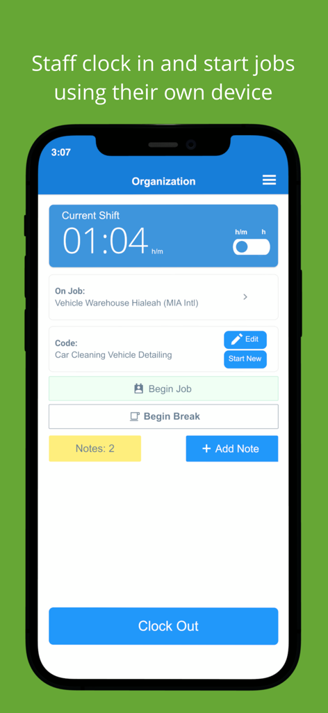 Mobile app interface for SINC Employee Time Clock showing active shift and job tracking features