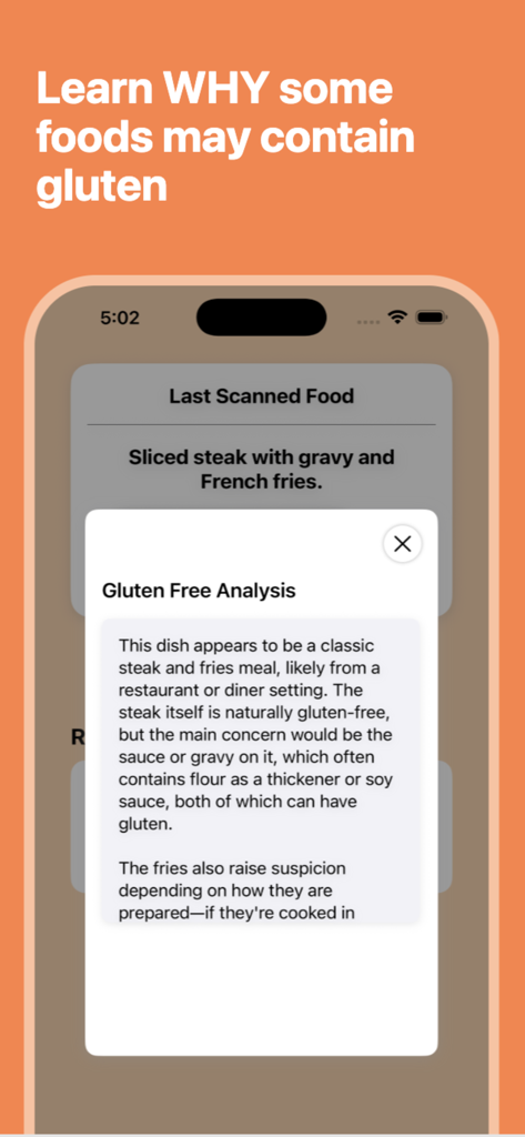 Gluten Free Scanner - GluCheck - GluCheck app interface showing a detailed gluten free analysis for a steak and fries meal