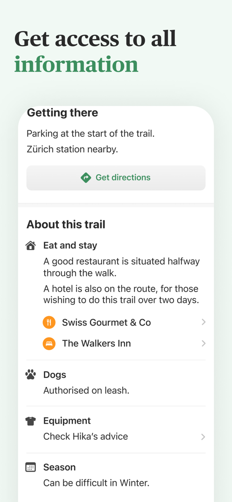 Hika - Hiking trails and maps - Interface de l'application Hika affichant des informations complètes sur le sentier, y compris les directions de transport vers Zurich, les restaurants locaux, l'hébergement et les conseils de randonnée saisonniers.