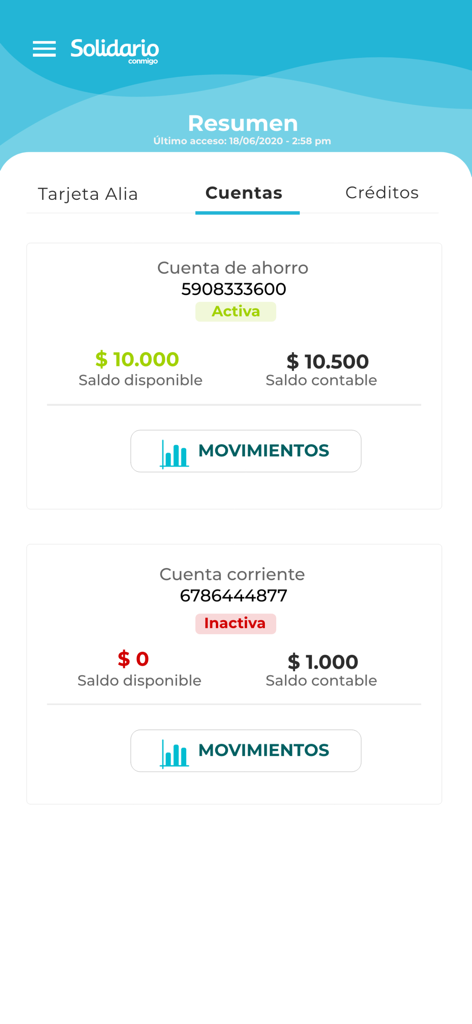 Dashboard dell'app Solidario che mostra i saldi dei conti di risparmio e corrente