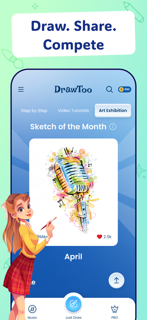 AR Drawing & Tracing - DrawToo - DrawToo app Art Exhibition screen showcasing a colorful microphone illustration as the Sketch of the Month.