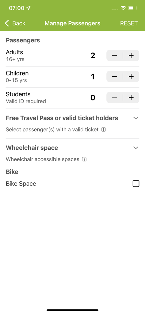 Écran de l'application Irish Rail permettant de sélectionner le nombre de passagers et d'ajouter des emplacements pour fauteuils roulants ou vélos