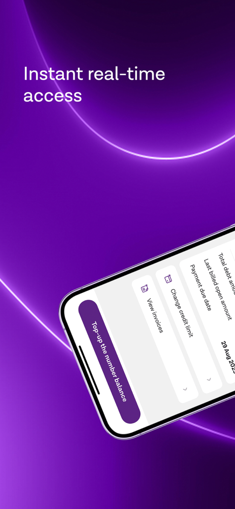 Azercell Biznes - Interfaz de la aplicación móvil Azercell Biznes que muestra acceso en tiempo real a funciones de gestión de cuentas corporativas