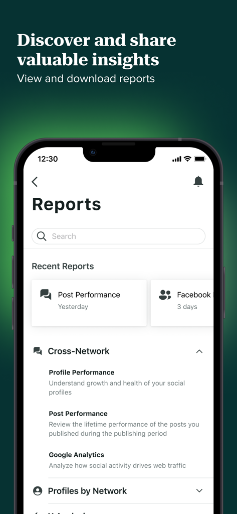 Sprout Social - Sprout Social mobile app interface displaying social media performance reports and analytics insights