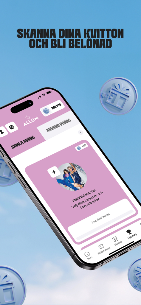 Allum Plus - Ein Smartphone zeigt die Allum Plus App-Oberfläche zum Scannen von Einkaufsquittungen und zum Sammeln von Treuepunkten.