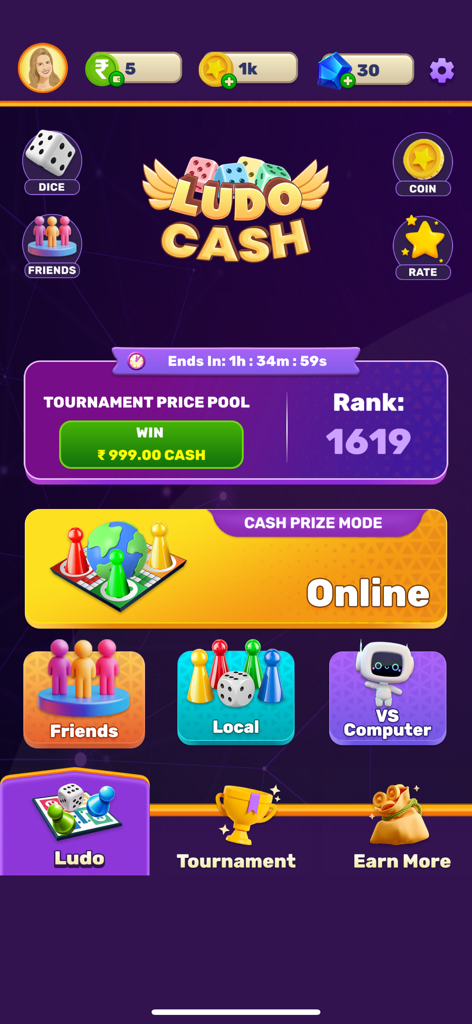 Ludo Cash - Ludo Cash mobile app home screen showing online multiplayer game modes, tournament rankings, and real cash prize rewards.