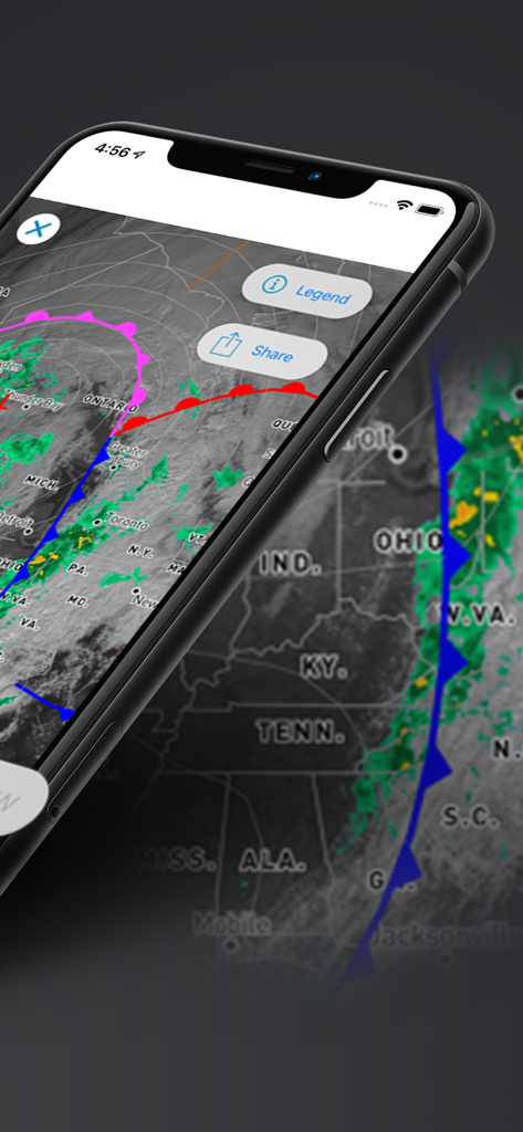 Detailed interactive radar map on a smartphone showing weather fronts and precipitation data