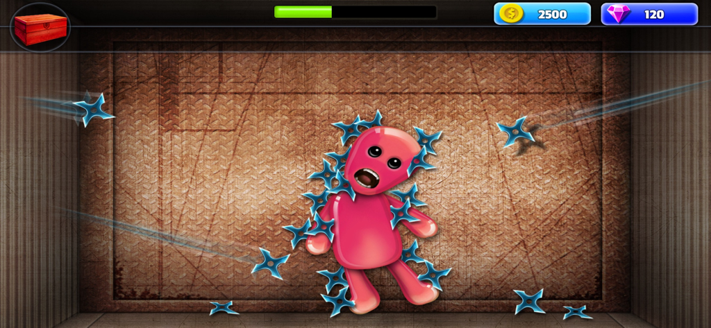 Smash The Ragdoll - Kill Dude - A pink ragdoll character being hit by blue ninja throwing stars in a stress relief game