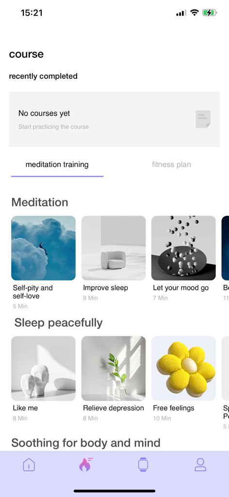 TechWear - TechWear app screen showing meditation and sleep courses with various relaxation modules