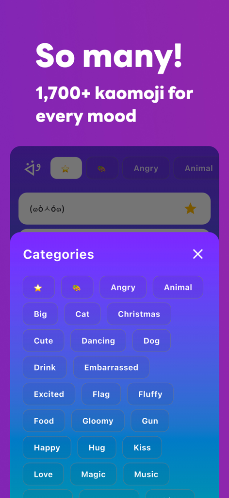 Kaomoji – Kawaii Emoji App - Interface of the Kaomoji app showing various text emoji categories like Cute, Animal, and Happy