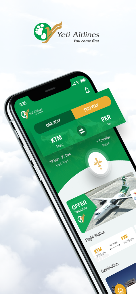 Yeti Airlines - Yeti Airlines mobile app interface for booking domestic flights in Nepal shown on an iPhone.