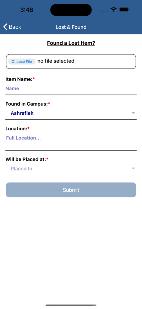 AUST - Formular zur Meldung gefundener Gegenstände auf dem Campus innerhalb der AUST-Universitäts-Mobilanwendung.