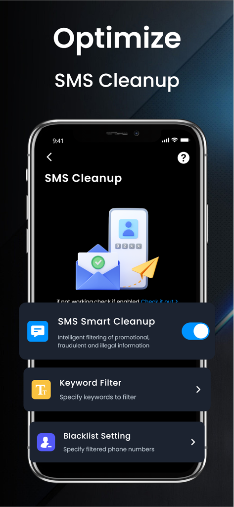 Easy Cleaner - Phone Cleanup - Interface of the Easy Cleaner app showing SMS Smart Cleanup and filtering options