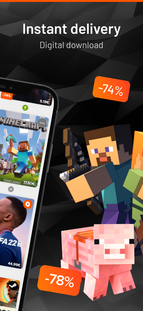 Instant Gaming App-Oberfläche mit Spielrabatten und Verfügbarkeit von digitalen Downloads