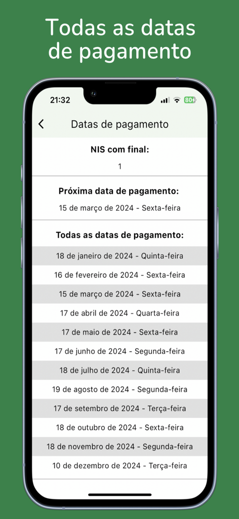 A smartphone showing the 2024 Bolsa Familia benefit payment calendar for a specific NIS number.