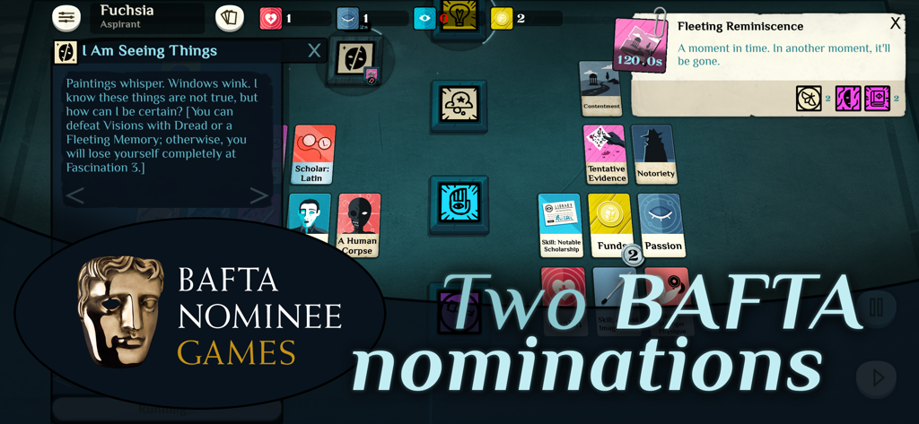 Gameplay screenshot of Cultist Simulator showing narrative card mechanics and two BAFTA nominations