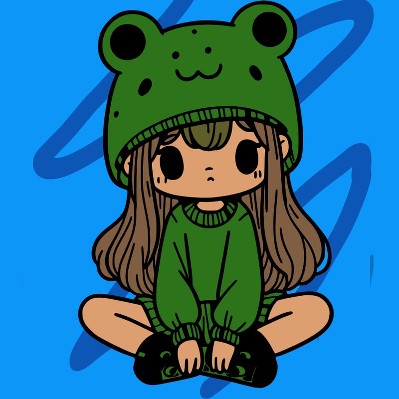 a girl wearing a frog hat and some frog socks