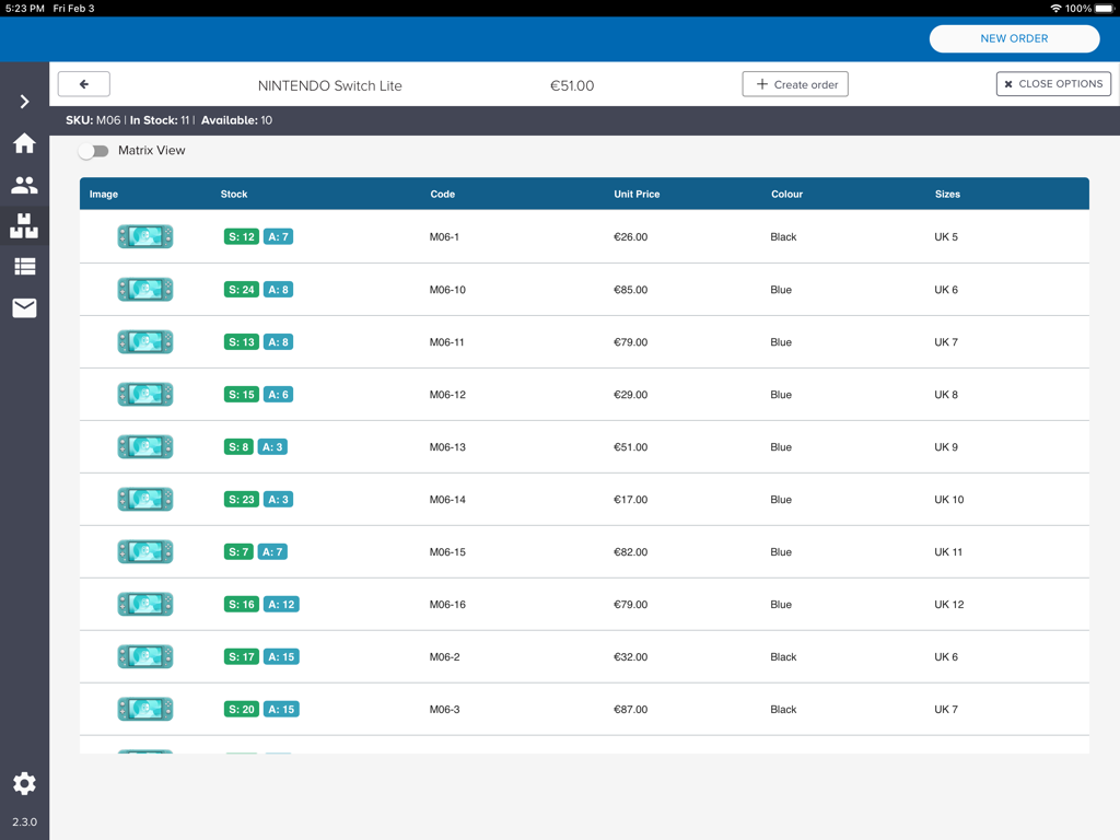SalesRep by Aphix - iPad interface of SalesRep by Aphix showing product stock levels and price variants