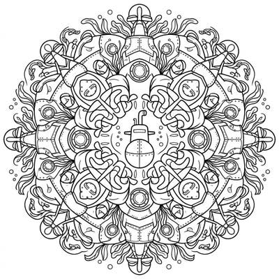 Embark on an artistic voyage with our intricate Submarine Mandala coloring page, blending complex symmetry with fascinating underwater machinery. This unique design offers hours of creative exploration for marine enthusiasts and mandala lovers alike.