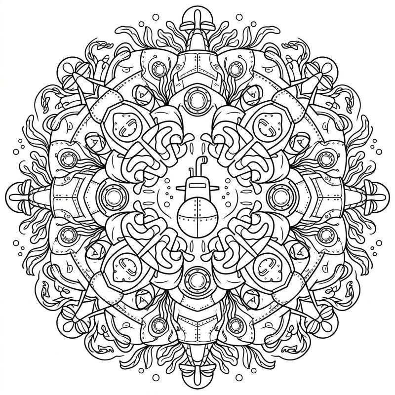 Embark on an artistic voyage with our intricate Submarine Mandala coloring page, blending complex symmetry with fascinating underwater machinery. This unique design offers hours of creative exploration for marine enthusiasts and mandala lovers alike.