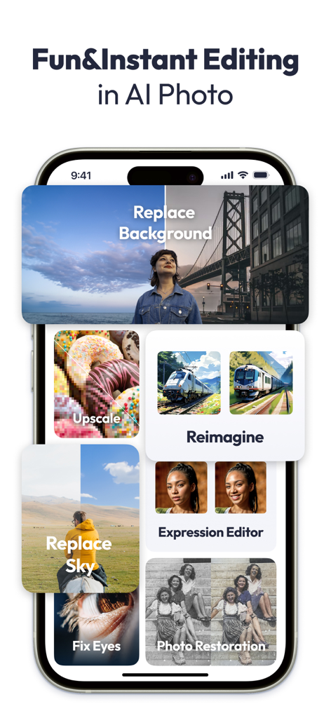 A mobile interface displaying AI-powered photo editing tools including background replacement, image upscaling, and photo restoration.