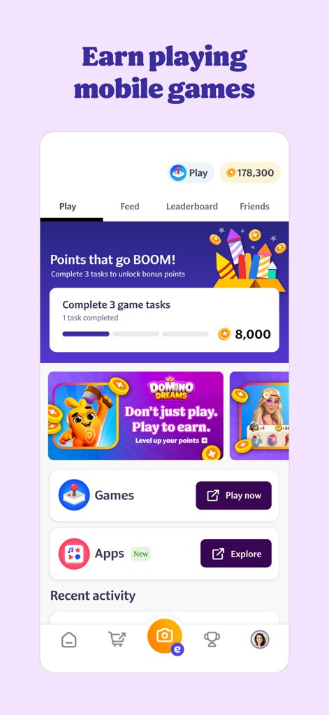 Fetch: America’s Rewards App - Interfaccia utente dell'app di premi Fetch che evidenzia la funzione per guadagnare punti giocando a giochi mobili