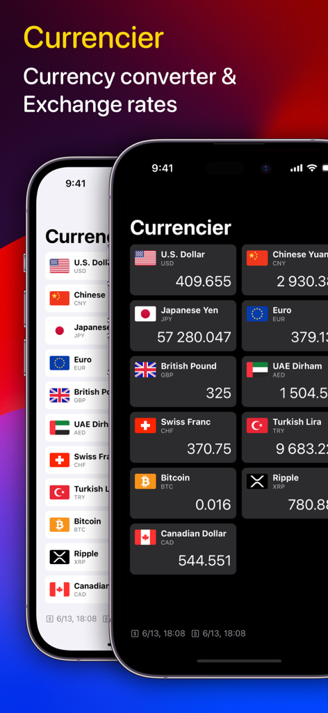 Currencier mobile app interface displaying multiple currency exchange rates in dark and light modes on iPhone
