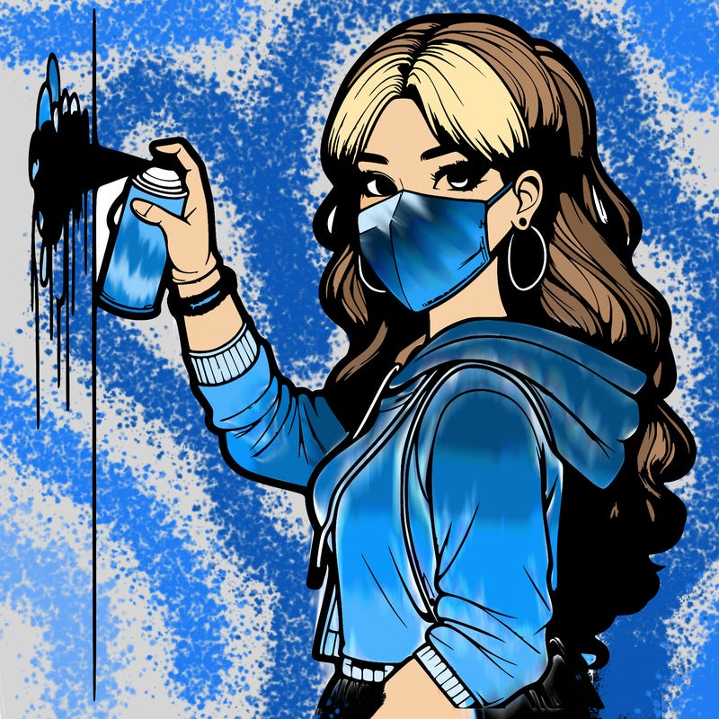 realistic girl with mask spray painting a wall