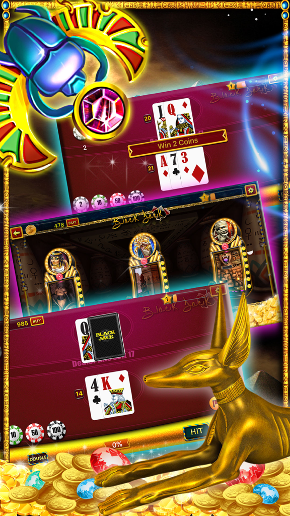 Ancient Egyptian themed casino games featuring slots and blackjack with gold coins and statues