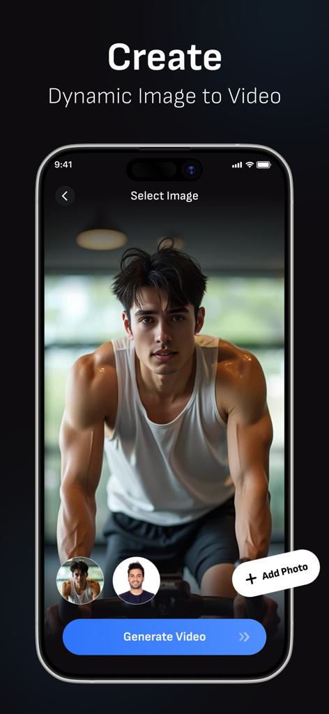 AI Body Shape Video Editor - Smartphone screen showing the AI Body Shape Video Editor interface for converting a gym photo into a dynamic video