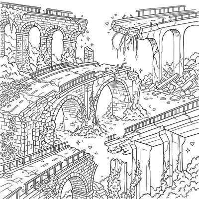 Uncover the forgotten grandeur of ancient engineering with this stunning coloring page featuring intricate bridge and aqueduct ruins. Bring these historical marvels back to life with your creative colors.