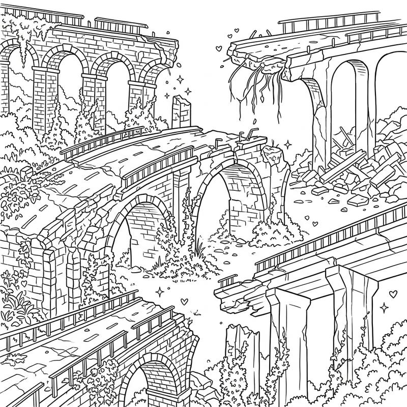 Uncover the forgotten grandeur of ancient engineering with this stunning coloring page featuring intricate bridge and aqueduct ruins. Bring these historical marvels back to life with your creative colors.