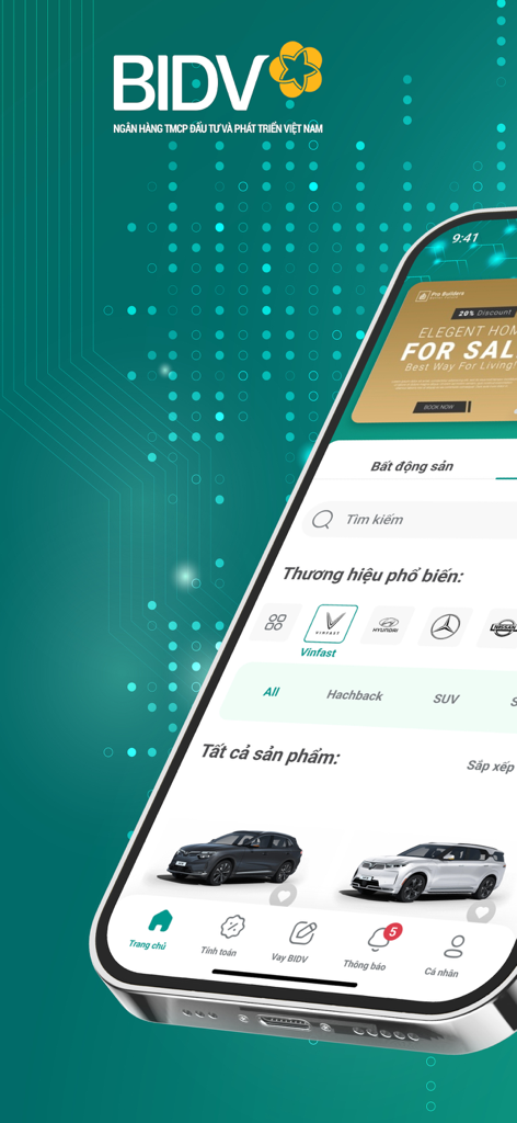 BIDV Home - BIDV Home app screen showing vehicle listings and loan application navigation