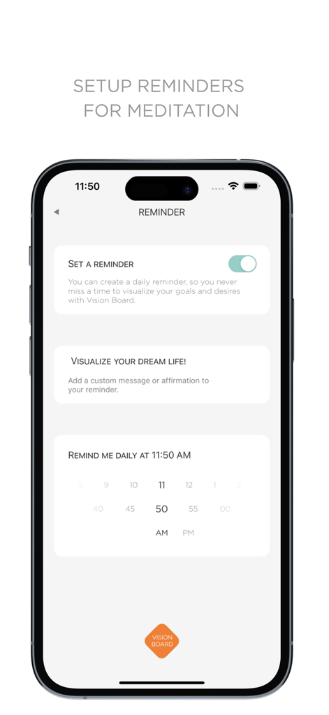 Vision Board 2025 - Vision Board app screen for setting daily meditation and affirmation reminders