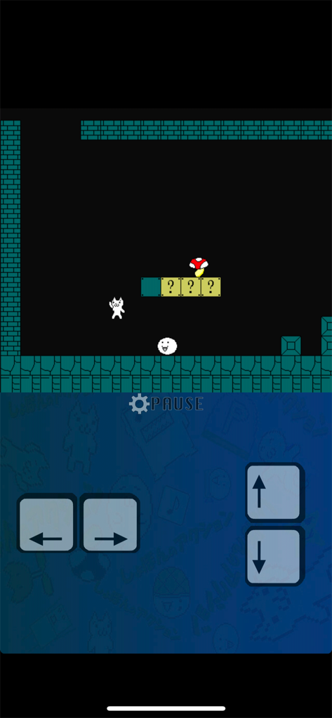 Syobon Action - Syobon Action mobile gameplay showing the cat character in a retro platformer level with directional buttons.