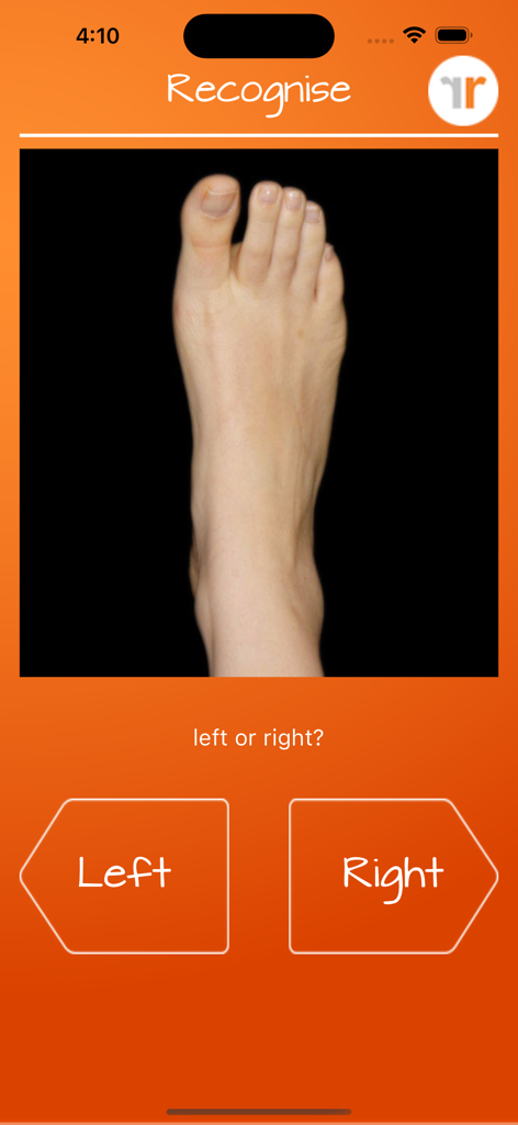 Interface of the Recognise Foot app showing a foot image and buttons to choose between Left or Right as part of a Graded Motor Imagery test.
