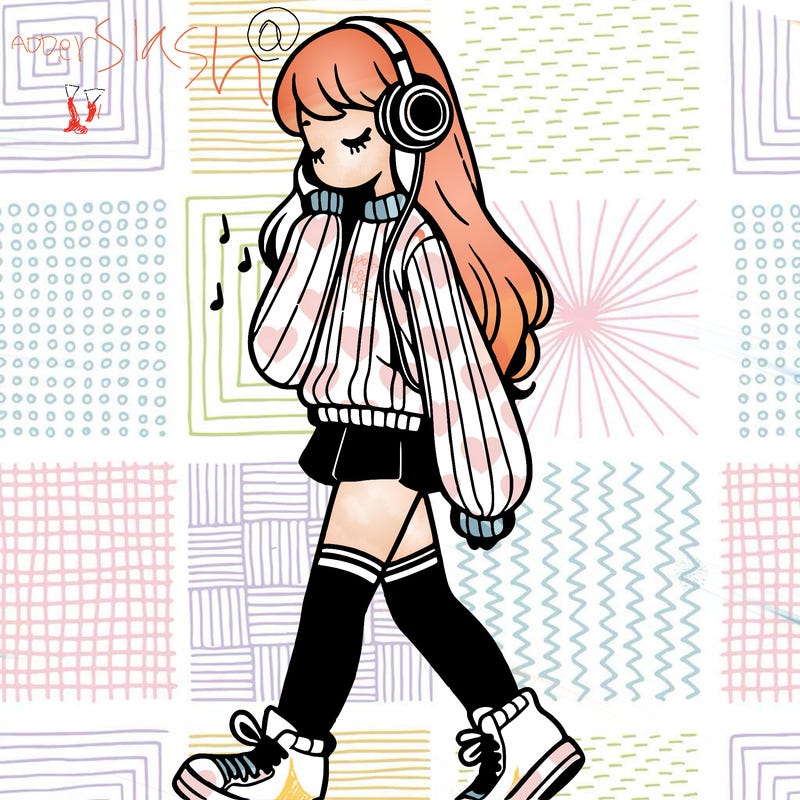 girl with leg warmers and long sweater and sneakers listening to music