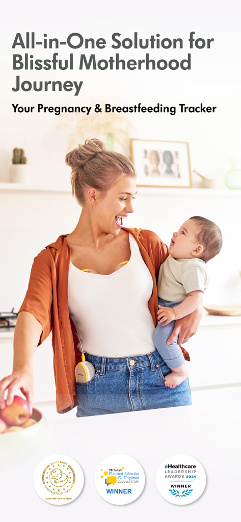 Medela Family - Breast Feeding - A smiling mother holding her baby and using the Medela Family pregnancy and breastfeeding tracker app