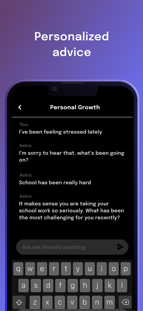 Astra - Life Advice - Astra app interface showing a chat conversation about personal growth and stress management