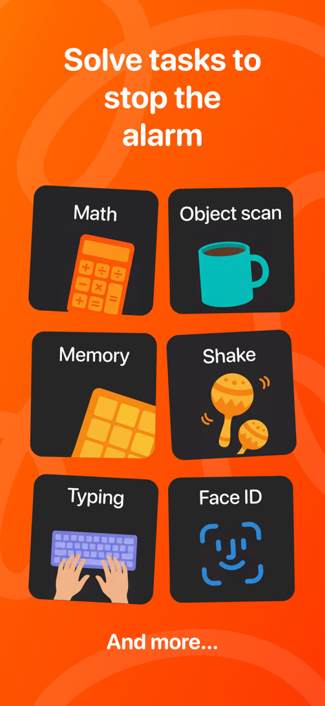 Wakey: Loud Alarm Clock - Captura de pantalla de la aplicación Wakey que muestra misiones matutinas como matemáticas y escaneo de objetos para apagar la alarma