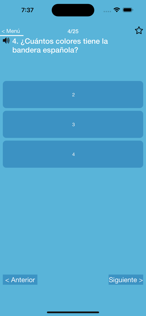 Interfaz de la aplicación de ciudadanía española que muestra una pregunta de práctica sobre los colores de la bandera española.