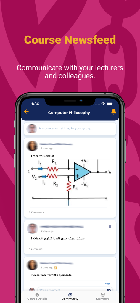 AASTMT Student Portal - AASTMT Student Portal app showing the course newsfeed for academic community communication and discussions.