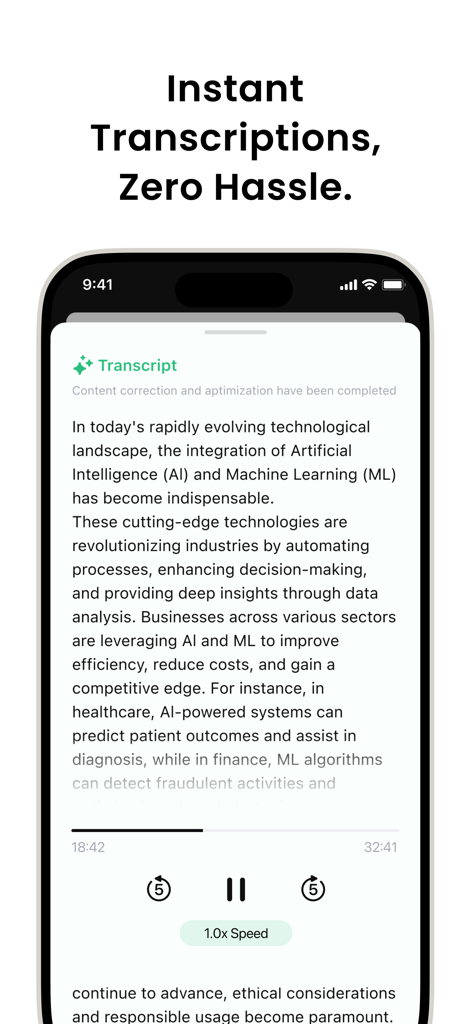 Écran d'iPhone affichant l'application VOMO avec une transcription instantanée audio-texte et des contrôles de lecture.