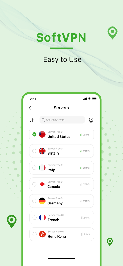 SoftVPN app interface showing a list of global server locations for safe browsing