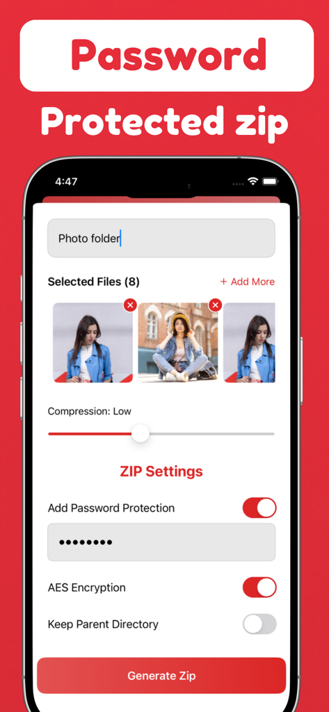 Interface para criar um arquivo zip protegido por senha e criptografado com AES com fotos
